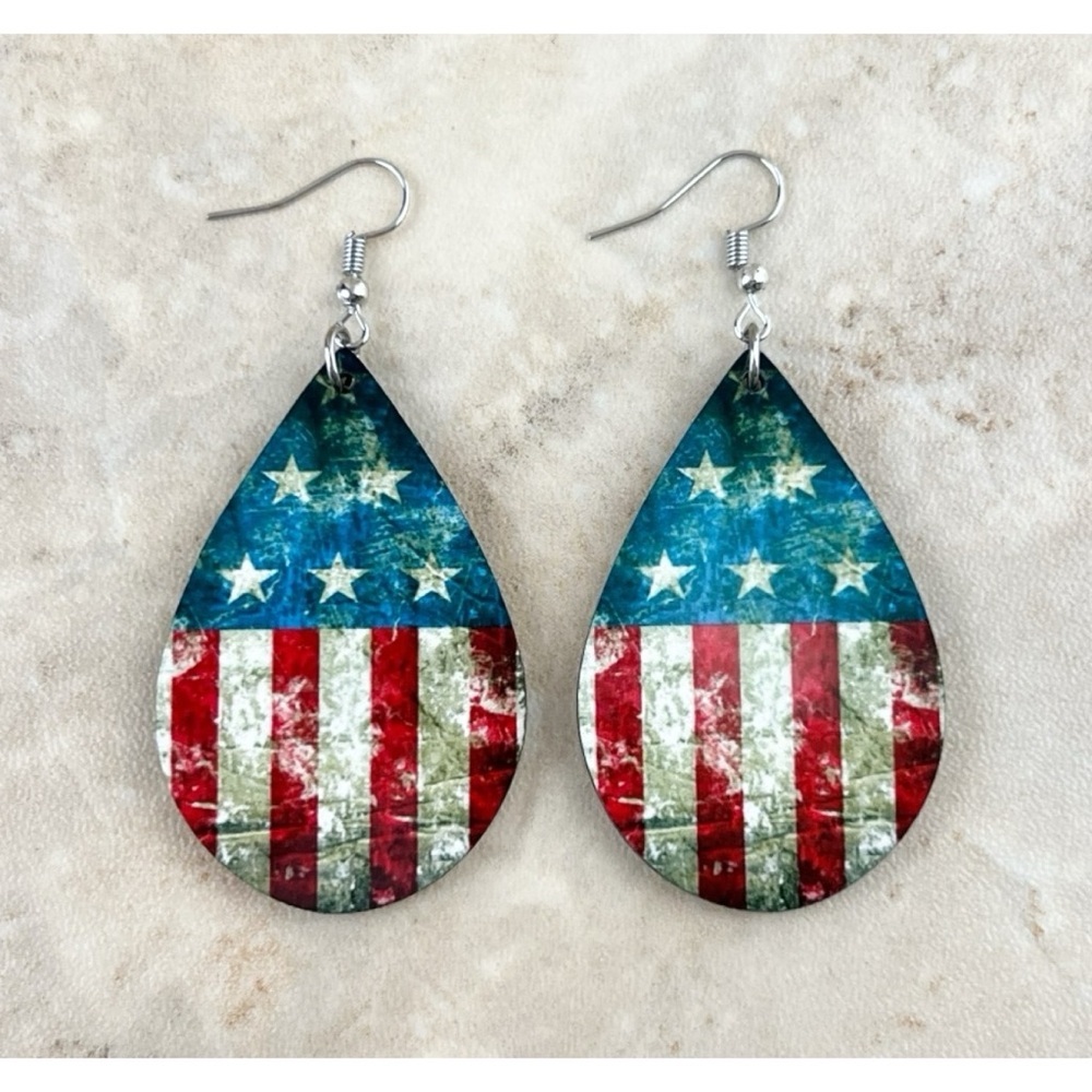 NEW American Flag Distressed Teardrop Earrings Hook Dangle Sublimated Wood